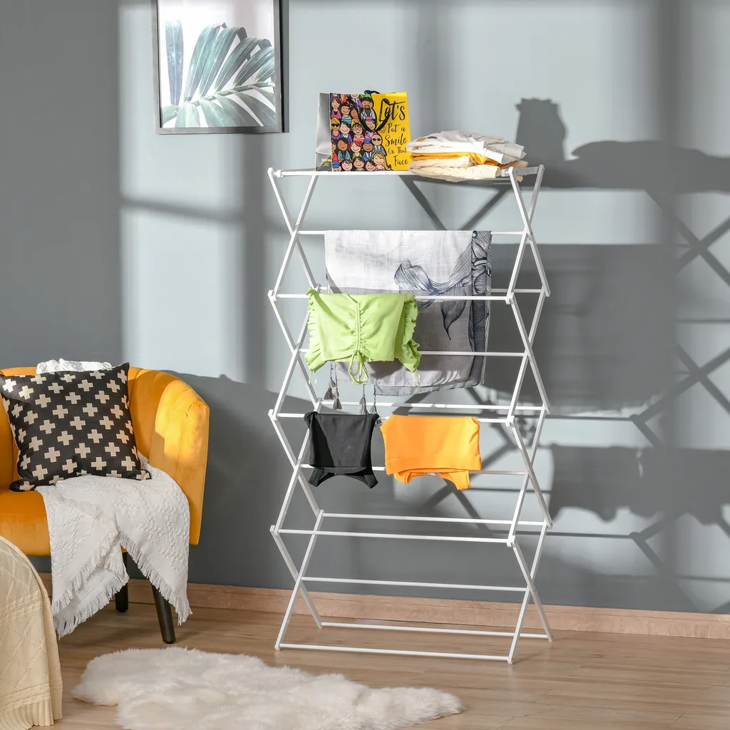 HOMCOM Wäscheständer Faltbar 8-stufiger Trockengestell Trockenständer Metall Kunststoff Weiß 74 X 35 X 144 Cm 4 HOMCOM Wäscheständer Faltbar 8-stufiger Trockengestell Trockenständer Metall Kunststoff Weiß 74 X 35 X 144 Cm – Bild 2