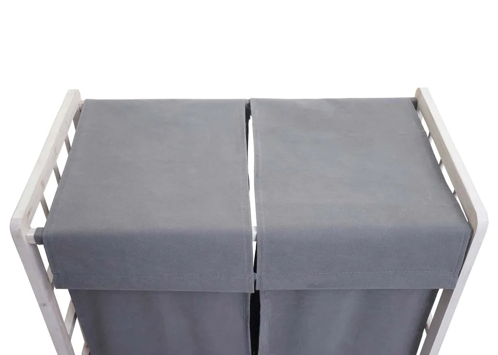 Wäschesammler MCW-B60, Laundry Wäschebox Wäschekorb, Massiv-Holz 2 Fächer 60x60x33cm 68l Shabby Weiß, Bezug Grau 6 Wäschesammler MCW-B60, Laundry Wäschebox Wäschekorb, Massiv-Holz 2 Fächer 60x60x33cm 68l Shabby Weiß, Bezug Grau – Bild 4