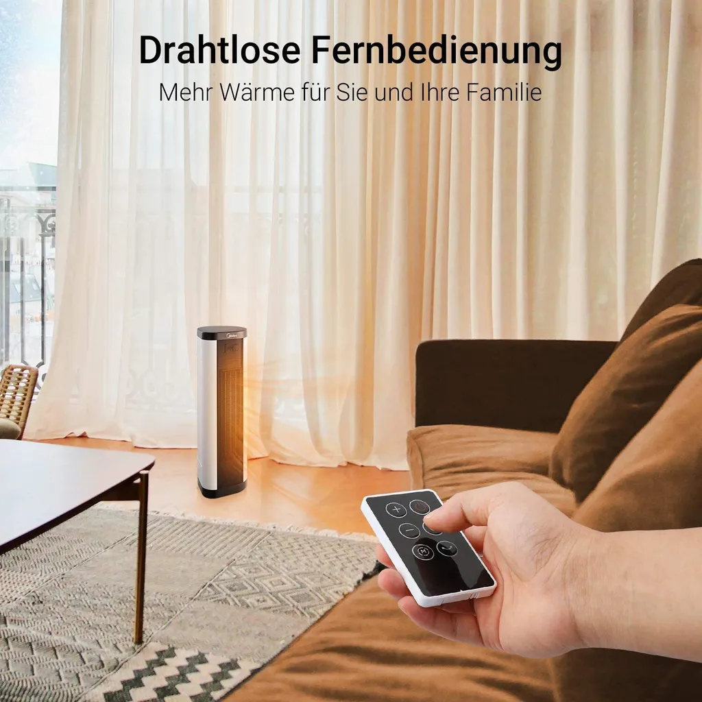 Midea NTH20-17BR Keramik Heizlüfter 2000W Mit Thermostat, Oszillation, 2 Heizstufen, Heizung Mit Ventilator, ECO-Modus, 24H Timer, Integrierter Tragegriff, Horizontales Erhitzen, PTC Heizgerät 9 Midea NTH20-17BR Keramik Heizlüfter 2000W Mit Thermostat, Oszillation, 2 Heizstufen, Heizung Mit Ventilator, ECO-Modus, 24H Timer, Integrierter Tragegriff, Horizontales Erhitzen, PTC Heizgerät – Bild 7