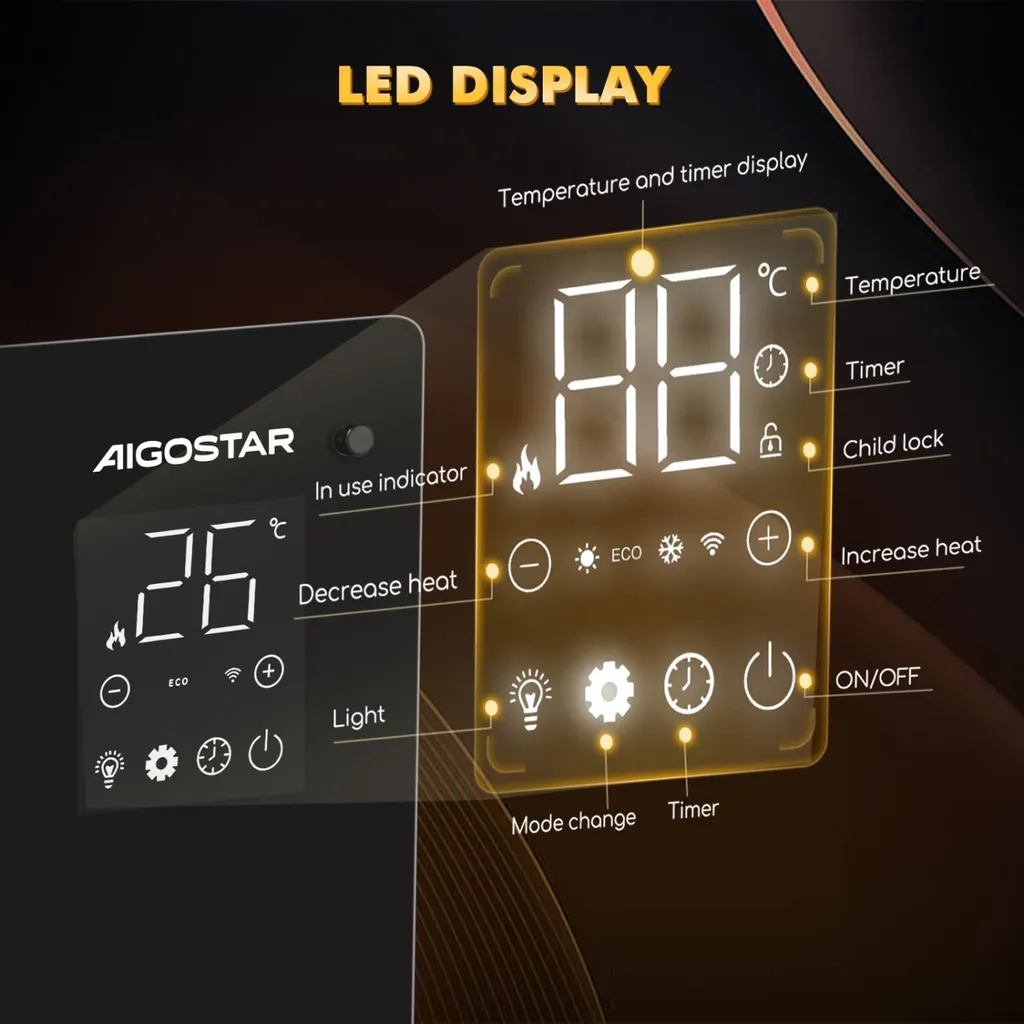 Aigostar Elektroheizung, Elektro Glasheizung, Konvektor-Heizung, LED Touchscreen Einstellbare Temperatur, 2000 W 10 Aigostar Elektroheizung, Elektro Glasheizung, Konvektor-Heizung, LED Touchscreen Einstellbare Temperatur, 2000 W – Bild 8