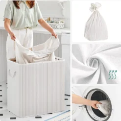 SONGMICS Wäschekorb, 150 L, Wäschesammler, Aus Bambus, Wäschetruhe Mit Griffen, 3 Fächern, Deckel Mit Clips, Faltbar, Für Waschküche, Schlafzimmer, Bad, Weiß LCB091W01 -Haushaltswaren Store ff54567f1006d65b21b558cd384b8664